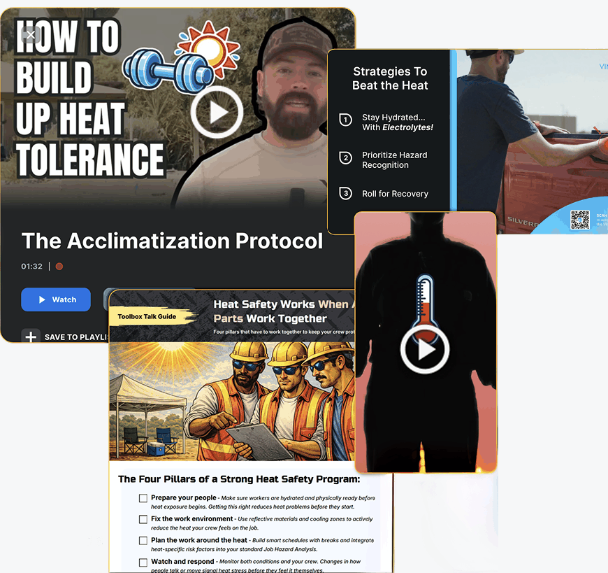 Expert heat-safety content: acclimatization video, strategies-to-beat-the-heat card, toolbox talk guide, and mobile heat move